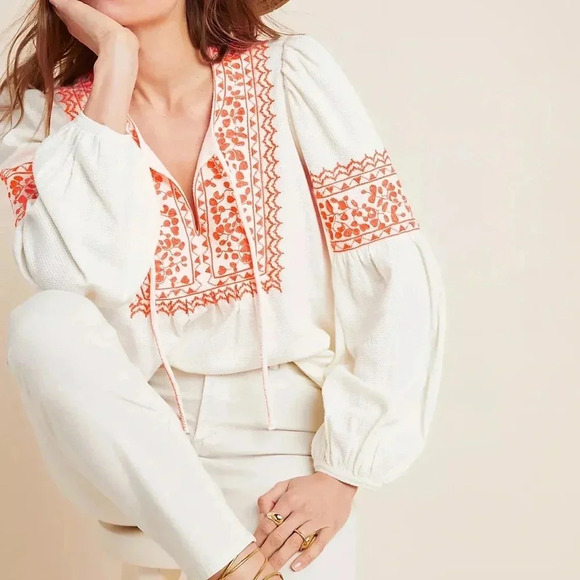 Anthropologie Maeve Louisa Textured Peasant Top Size Medium - Picture 2 of 9